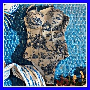 TFY Collection One Piece Swimsuit Blue White Toile Print Padded Bustier NWT